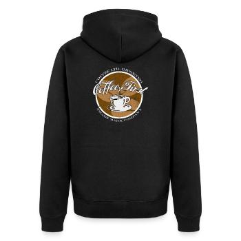 Coffee First.Zuerst Kaffe. Shirt für Kaffeetrinker - Unisex Premium Bio Zip Hoodie - Schwarz - Hinten - Nico (187cm)