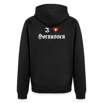 I love Hornussen Schweiz - Unisex Premium Bio Zip Hoodie - Schwarz - Hinten - Nico (187cm)