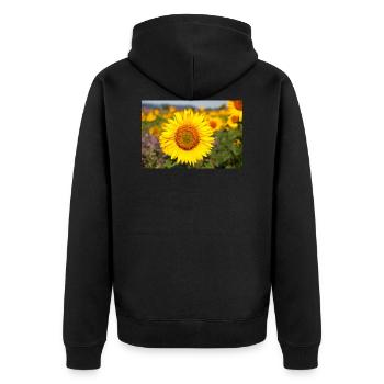 Sunflower flower head protrudes from a field - Unisex Premium Organic Zip Hoodie - black - Back - Nico (187cm)