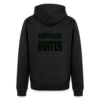 Hauptsache Butter weiß - Unisex Premium Bio Zip Hoodie - Schwarz - Hinten - Nico (187cm)