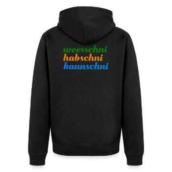 weesschni habschni kannschni Typisch sächsisch - Unisex Premium Bio Zip Hoodie - Schwarz - Hinten - Nico (187cm)