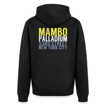 Mambo Palladium 53RD Street - Salsa Dance Shirt - Unisex Premium Bio Zip Hoodie - Schwarz - Hinten - Nico (187cm)