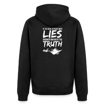 Christliche Kleidung antworte dem Teufel Bibel - Unisex Premium Bio Zip Hoodie - Schwarz - Hinten - Nico (187cm)