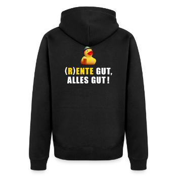 Rente gut, alles gut, Quietscheente, Ente - Unisex Premium Bio Zip Hoodie - Schwarz - Hinten - Nico (187cm)