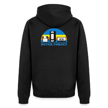 NEVER FORGET KASSETTEN und DISKETTEN - Unisex Premium Bio Zip Hoodie - Schwarz - Hinten - Nico (187cm)