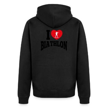 Biathlon Liebe | Ich liebe Biathlon Geschenk - Unisex Premium Bio Zip Hoodie - Schwarz - Hinten - Nico (187cm)