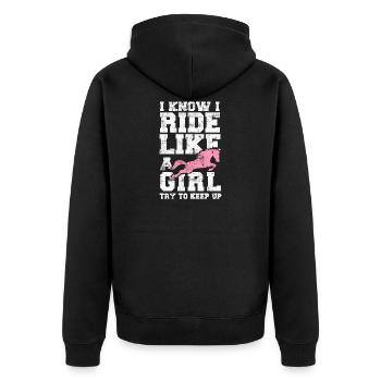 Reiter Reiterin Pferd lustig spruch - Unisex Premium Bio Zip Hoodie - Schwarz - Hinten - Nico (187cm)