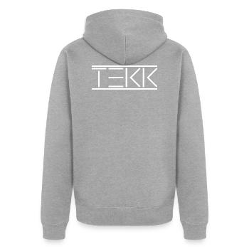 Tekk Logo - Unisex Premium Bio Zip Hoodie - Grau meliert - Hinten - Nico (187cm)
