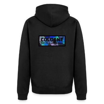 Cologne put your lighters up - Unisex Premium Bio Zip Hoodie - Schwarz - Hinten - Nico (187cm)