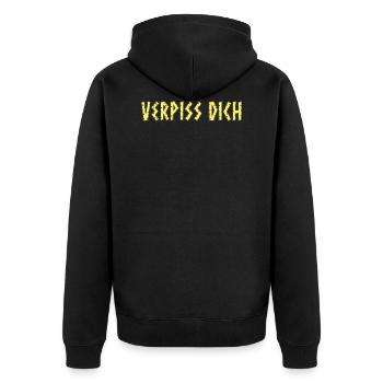 Verpiss dich - Unisex Premium Bio Zip Hoodie - Schwarz - Hinten - Nico (187cm)