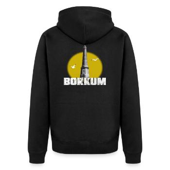 Borkum Neuer Leuchtturm weiss mit Sonne Shirt - Unisex Premium Bio Zip Hoodie - Schwarz - Hinten - Nico (187cm)