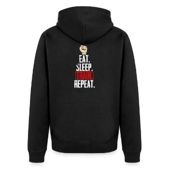 EAT. SLEEP. TRAIN. REPEAT. - einfaches, aber ef - Unisex Premium Bio Zip Hoodie - Schwarz - Hinten - Nico (187cm)