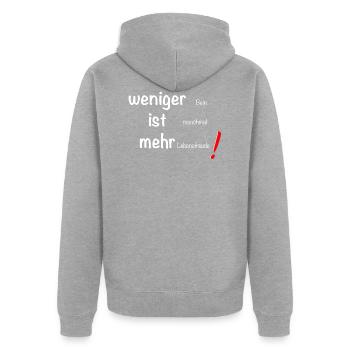 weniger ist mehr - Unisex Premium Bio Zip Hoodie - Grau meliert - Hinten - Nico (187cm)