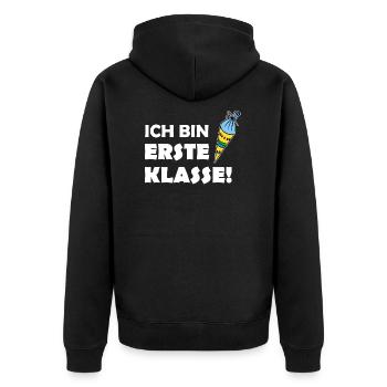 Ich bin erste Klasse! Schulanfänger-Shirt - Unisex Premium Bio Zip Hoodie - Schwarz - Hinten - Nico (187cm)