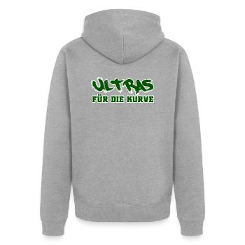 Ultras für die Kurve - Unisex Premium Bio Zip Hoodie - Grau meliert - Hinten - Nico (187cm)
