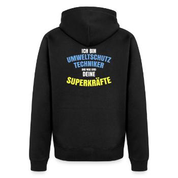 Umwelttechniker was sind deine Superkräfte - Unisex Premium Bio Zip Hoodie - Schwarz - Hinten - Nico (187cm)