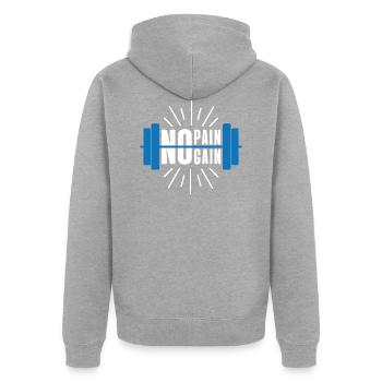 NO PAIN NO GAIN - Unisex Premium Organic Zip Hoodie - heather grey - Back - Nico (187cm)