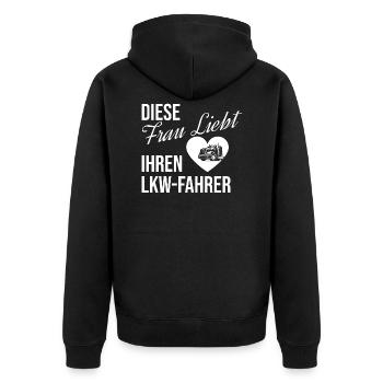 LKW Shirt · diese Frau liebt ihren · Geschenk - Unisex Premium Bio Zip Hoodie - Schwarz - Hinten - Nico (187cm)