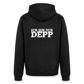 Ich bin der Depp Party Spruch Geschenk - Unisex Premium Bio Zip Hoodie - Schwarz - Hinten - Nico (187cm)
