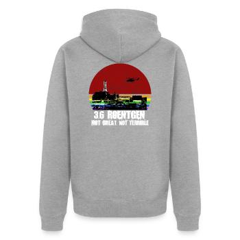 3.6 Roentgen - Not great, not terrible - Unisex Premium Bio Zip Hoodie - Grau meliert - Hinten - Nico (187cm)