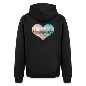 Warnemünde Herz | Yolo-Artwork - Unisex Premium Bio Zip Hoodie - Schwarz - Hinten - Nico (187cm)
