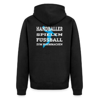 Handballer spielen Fussball zum Warmmachen - Unisex Premium Bio Zip Hoodie - Schwarz - Hinten - Nico (187cm)
