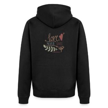 love never gives up - Unisex Premium Organic Zip Hoodie - black - Back - Nico (187cm)