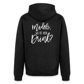 Maedels wo ist mein drink JGA Geschenk - Unisex Premium Bio Zip Hoodie - Schwarz - Hinten - Nico (187cm)