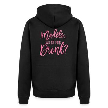Mädels wo ist mein drink JGA Geschenk - Unisex Premium Bio Zip Hoodie - Schwarz - Hinten - Nico (187cm)