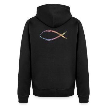jesus fisch bunt - Unisex Premium Bio Zip Hoodie - Schwarz - Hinten - Nico (187cm)