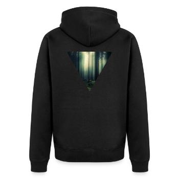 Leuchtender Wald im Nebel - Unisex Premium Bio Zip Hoodie - Schwarz - Hinten - Nico (187cm)