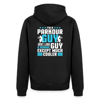 Guy Parkour T-Shirt Geschenk - Unisex Premium Bio Zip Hoodie - Schwarz - Hinten - Nico (187cm)
