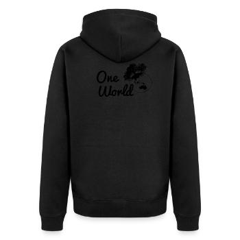 One World. - Unisex Premium Bio Zip Hoodie - Schwarz - Hinten - Nico (187cm)