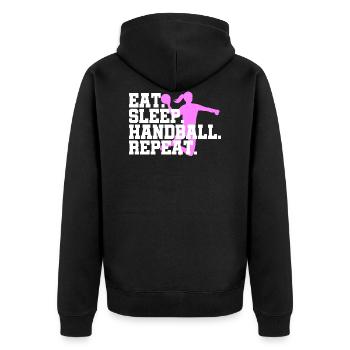 Eat Sleep Handball Handballerin Repeat - Unisex Premium Bio Zip Hoodie - Schwarz - Hinten - Nico (187cm)