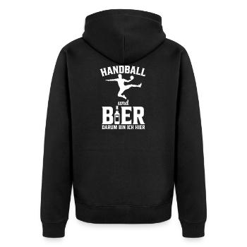 Handball und Bier Darum bin ich hier Geschenk - Unisex Premium Bio Zip Hoodie - Schwarz - Hinten - Nico (187cm)