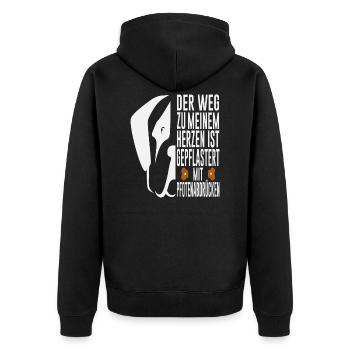 Geschenk Spruch Pfotenabdruck Weg zum Herzen - Unisex Premium Bio Zip Hoodie - Schwarz - Hinten - Nico (187cm)