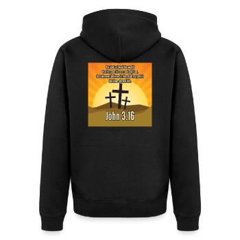 Jean 3:16 Bible sur les vêtements chrétiens - Acheter en ligne - Veste à capuche bio Premium Unisexe - noir - Dos - Nico (187cm)