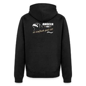 Angeln Retro - Weil es einfach geil ist - Unisex Premium Bio Zip Hoodie - Schwarz - Hinten - Nico (187cm)