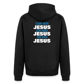 START WITH JESUS STAY WITH JESUS END WITH JESUS - Unisex Premium Bio Zip Hoodie - Schwarz - Hinten - Nico (187cm)