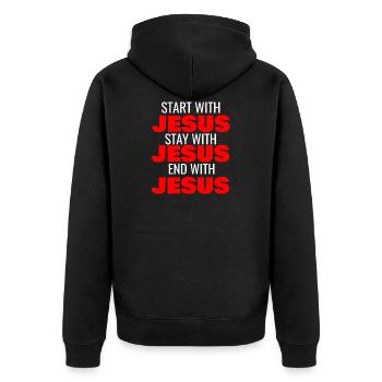 START WITH JESUS STAY WITH JESUS END WITH JESUS - Unisex Premium Bio Zip Hoodie - Schwarz - Hinten - Nico (187cm)
