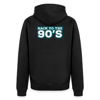 Back to the 90s. Neunziger Jahre - Unisex Premium Bio Zip Hoodie - Schwarz - Hinten - Nico (187cm)
