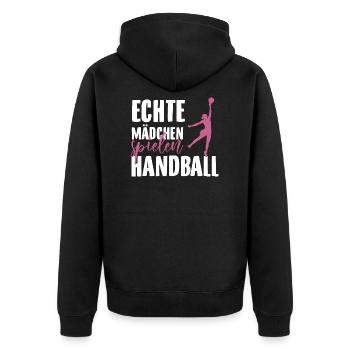 Handball Mädchen | Handballer Team Hobby Geschenke - Unisex Premium Bio Zip Hoodie - Schwarz - Hinten - Nico (187cm)