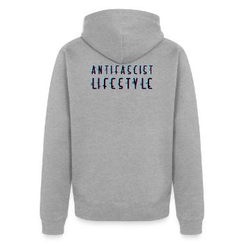 Antifascist Lifestyle - Unisex Premium Bio Zip Hoodie - Grau meliert - Hinten - Nico (187cm)