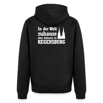 In der Welt zuhause aber dahoam in Regensburg - Unisex Premium Bio Zip Hoodie - Schwarz - Hinten - Nico (187cm)