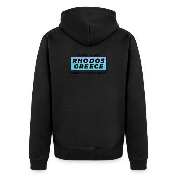 Rhodos Griechenland - Unisex Premium Bio Zip Hoodie - Schwarz - Hinten - Nico (187cm)