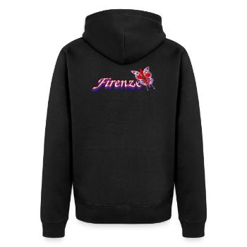 Florenz - Text mit Lilie und Schmetterling - Unisex Premium Bio Zip Hoodie - Schwarz - Hinten - Nico (187cm)