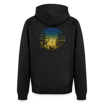 Hirsch im Wald (rund/blau-gelb) - Unisex Premium Bio Zip Hoodie - Schwarz - Hinten - Nico (187cm)