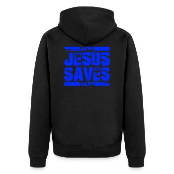 jesus saves - Unisex Premium Bio Zip Hoodie - Schwarz - Hinten - Nico (187cm)