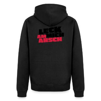 LECK MICH AM ARSCH - Unisex Premium Bio Zip Hoodie - Schwarz - Hinten - Nico (187cm)
