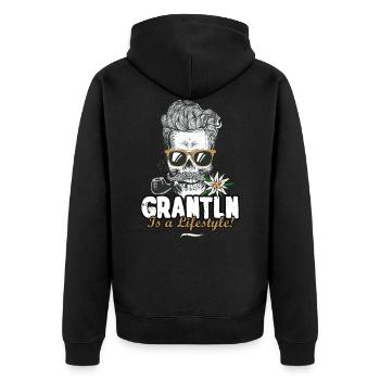 Grantln is a Lifestyle Grantler Bayern Totenkopf - Unisex Premium Bio Zip Hoodie - Schwarz - Hinten - Nico (187cm)
